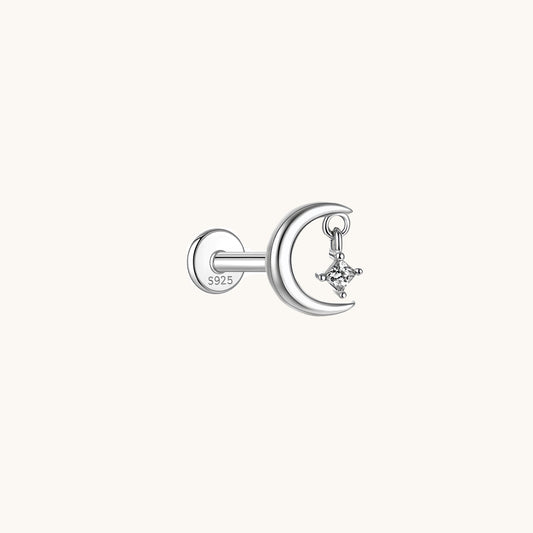 Gold-plated 925 sterling silver Moon Dangle Star Flatback Earring Silver