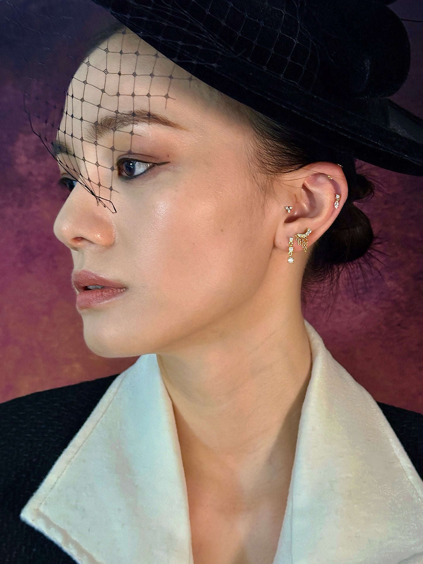 Gold-plated 925 sterling silver Dangle CZ Trio Flatback Earring