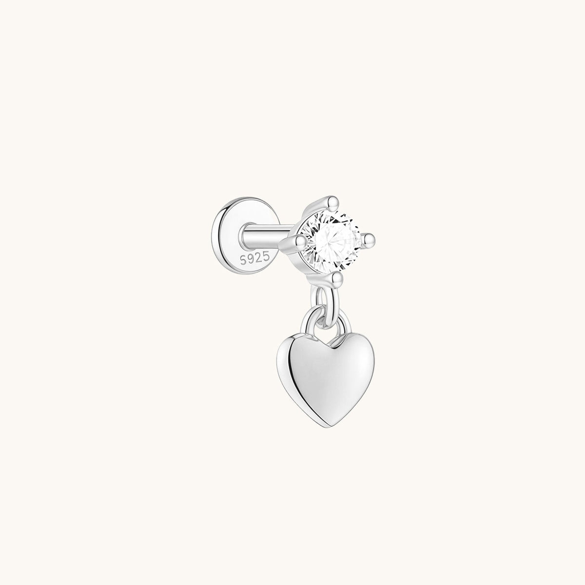Gold-plated 925 sterling silver CZ Dangle Heart Flatback Earring Silver