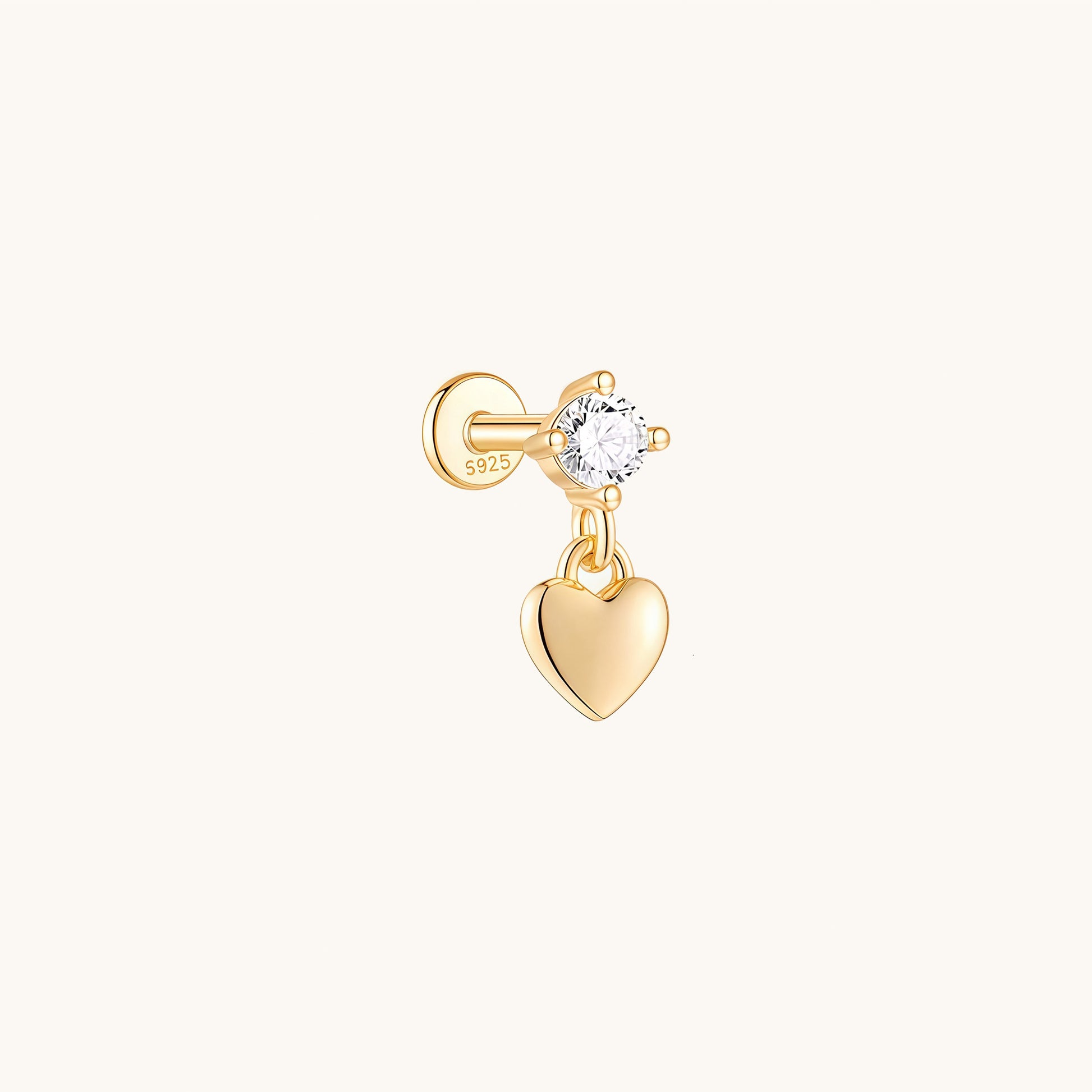 Gold-plated 925 sterling silver CZ Dangle Heart Flatback Earring 8mm