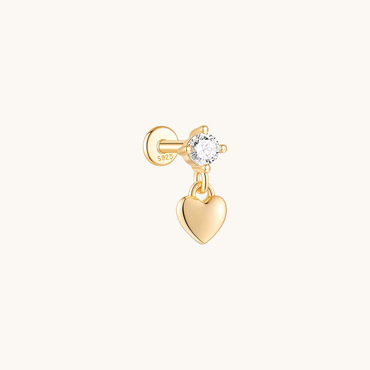 Gold-plated 925 sterling silver CZ Dangle Heart Flatback Earring 8mm