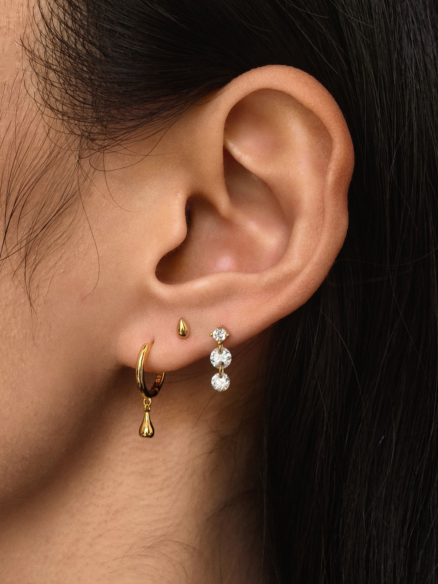 Gold-plated 925 sterling silver Dangle Duo CZ Flatback Earring