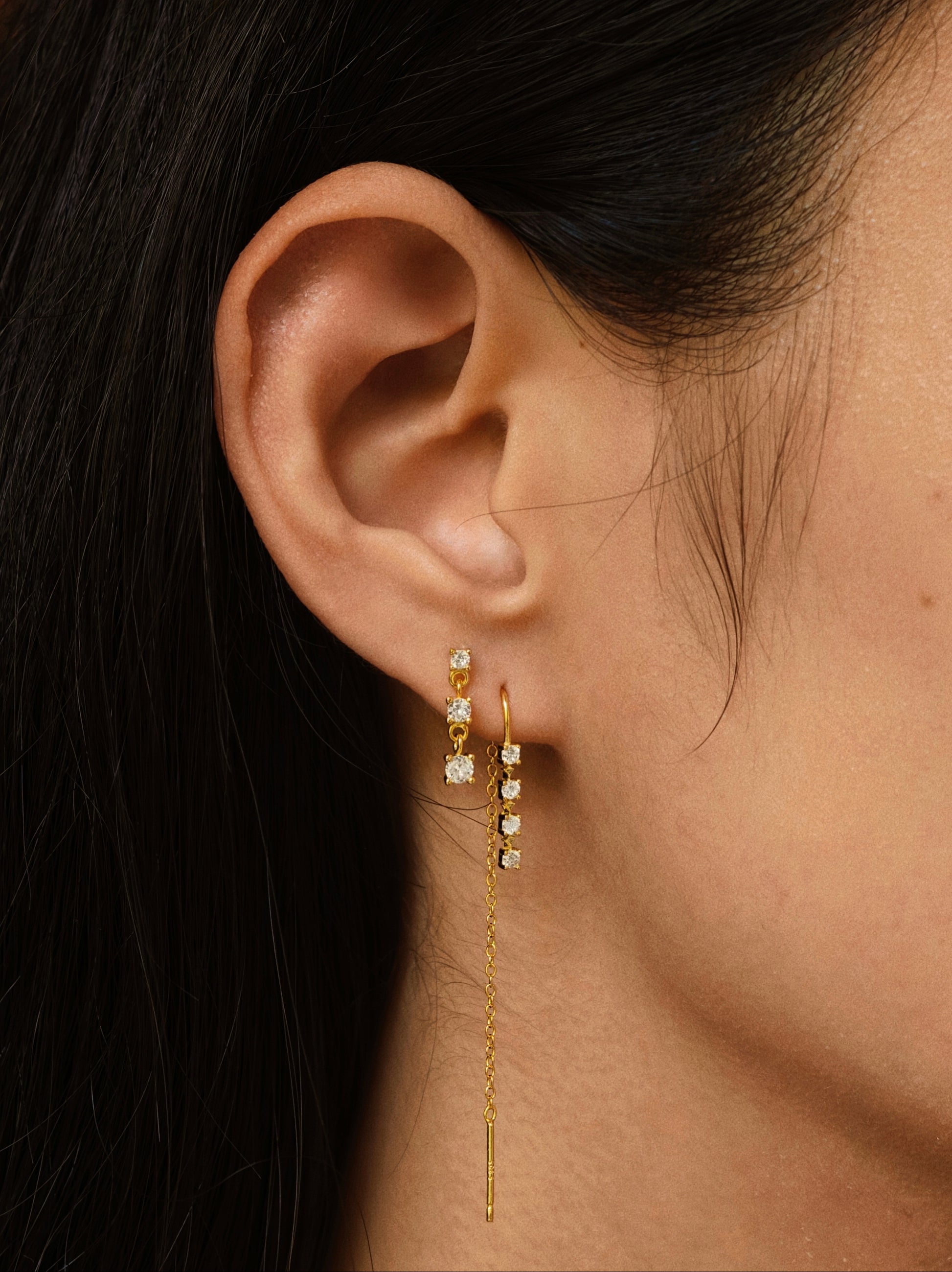 Gold-plated 925 sterling silver Dangle CZ Trio Flatback Earring