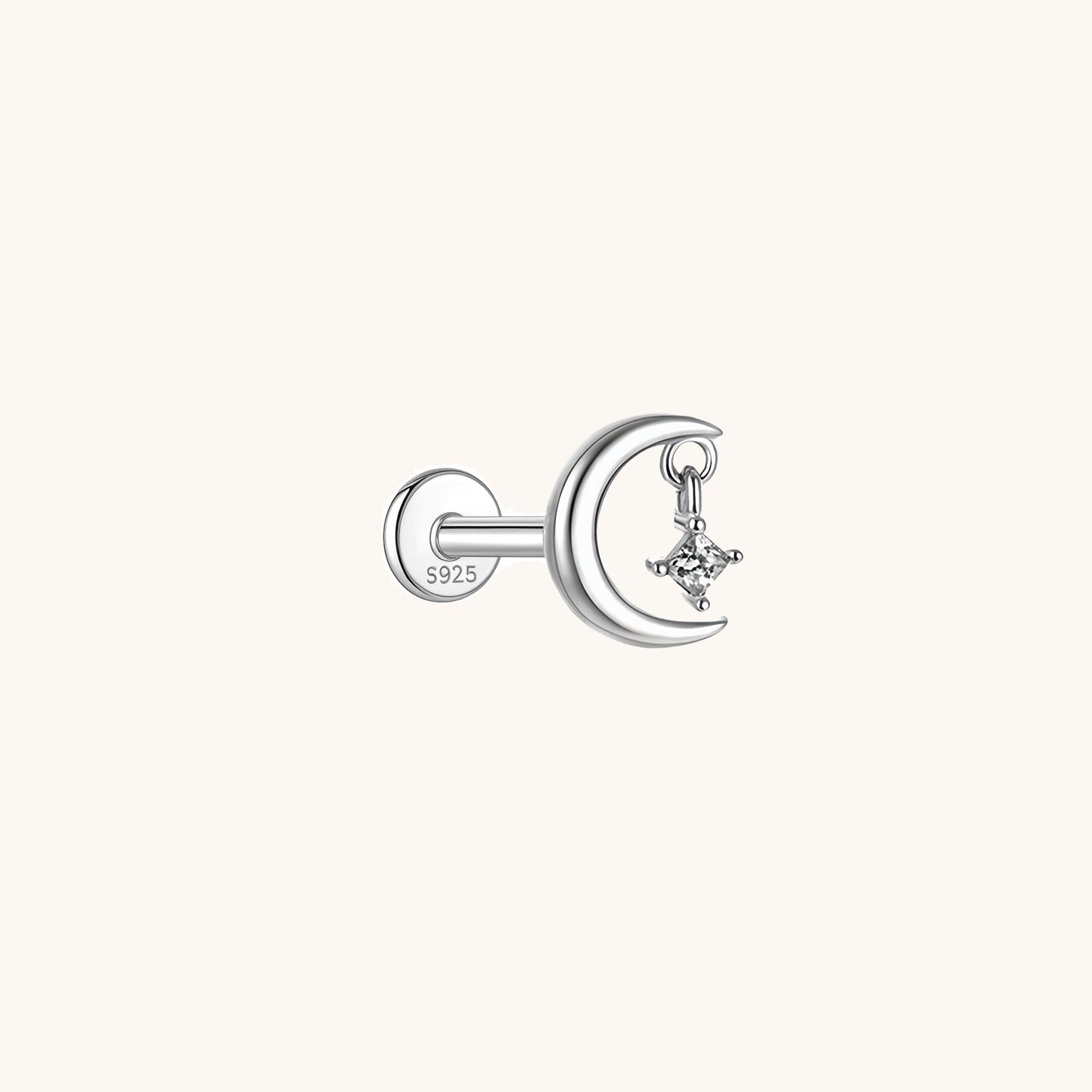 Gold-plated 925 sterling silver Moon Dangle Star Flatback Earring Silver