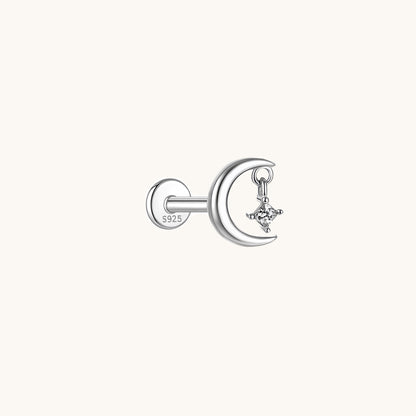 Gold-plated 925 sterling silver Moon Dangle Star Flatback Earring Silver