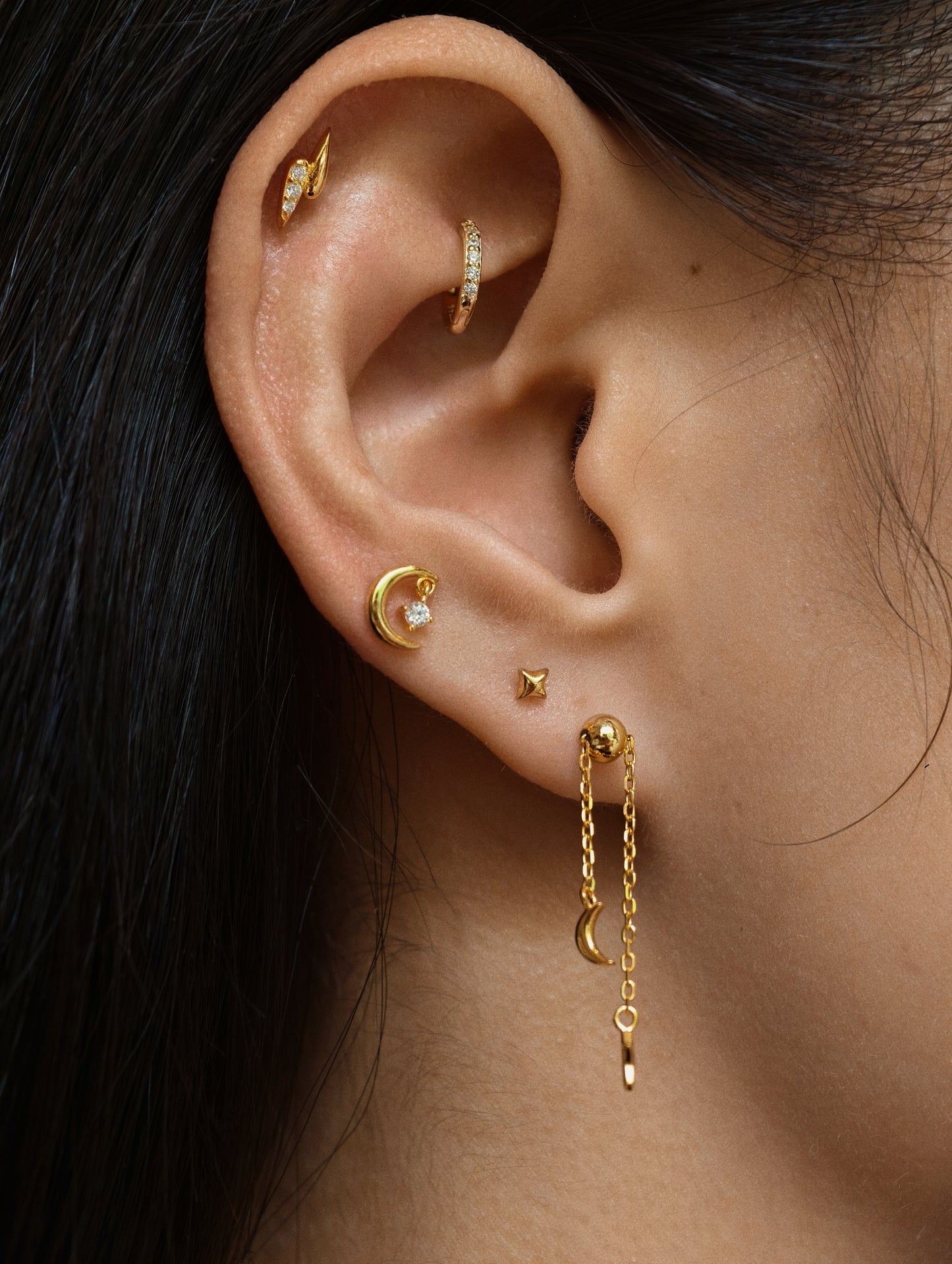 Gold-plated 925 sterling silver Moon Dangle Star Flatback Earring