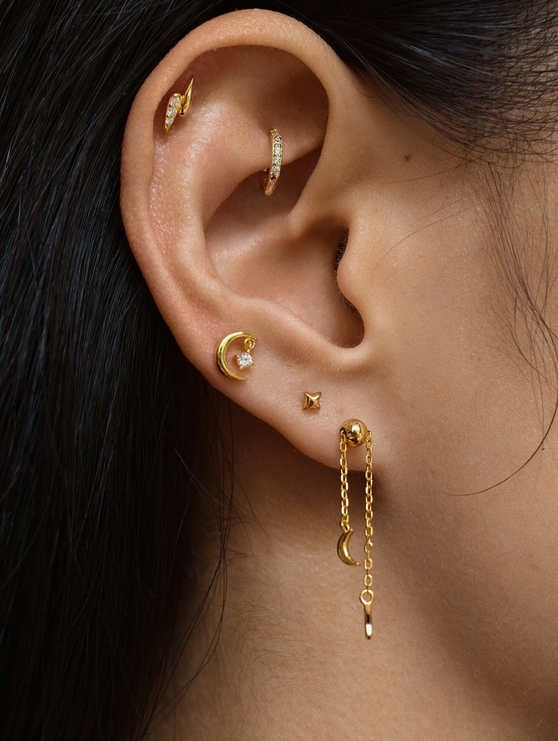 Gold-plated 925 sterling silver Moon Dangle Star Flatback Earring