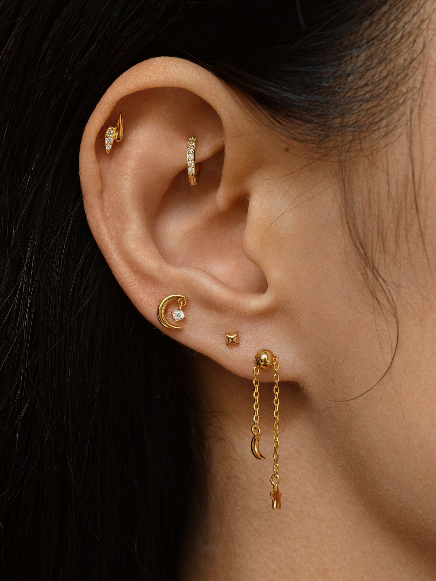 Gold-plated 925 sterling silver Moon Dangle Star Flatback Earring