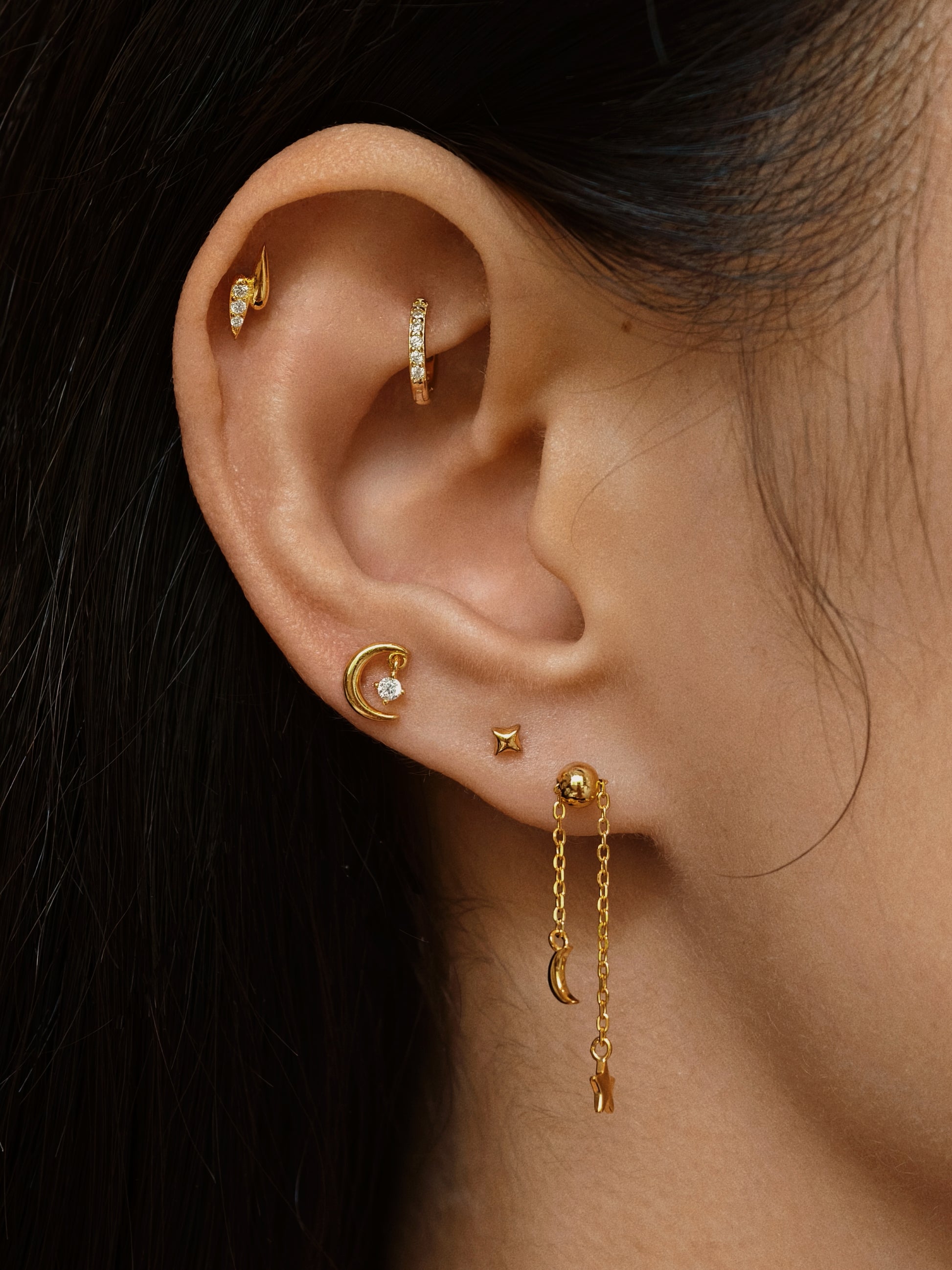 Gold-plated 925 sterling silver Moon Dangle Star Flatback Earring