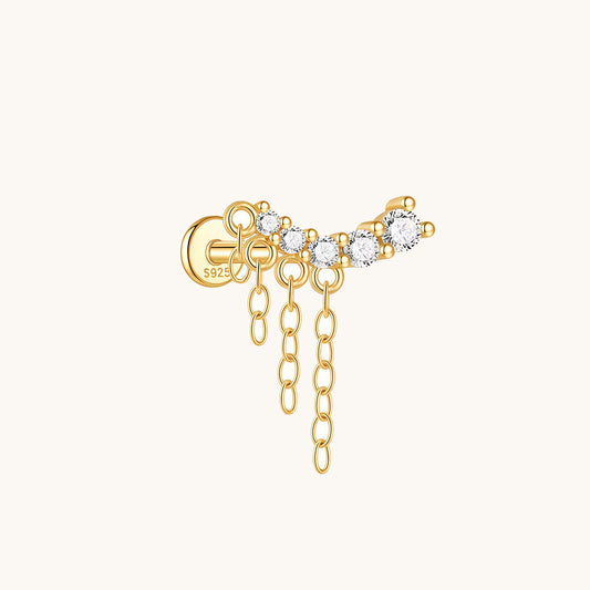 Gold-plated 925 sterling silver Curved Chain Tassel Flat back Earring 8mm