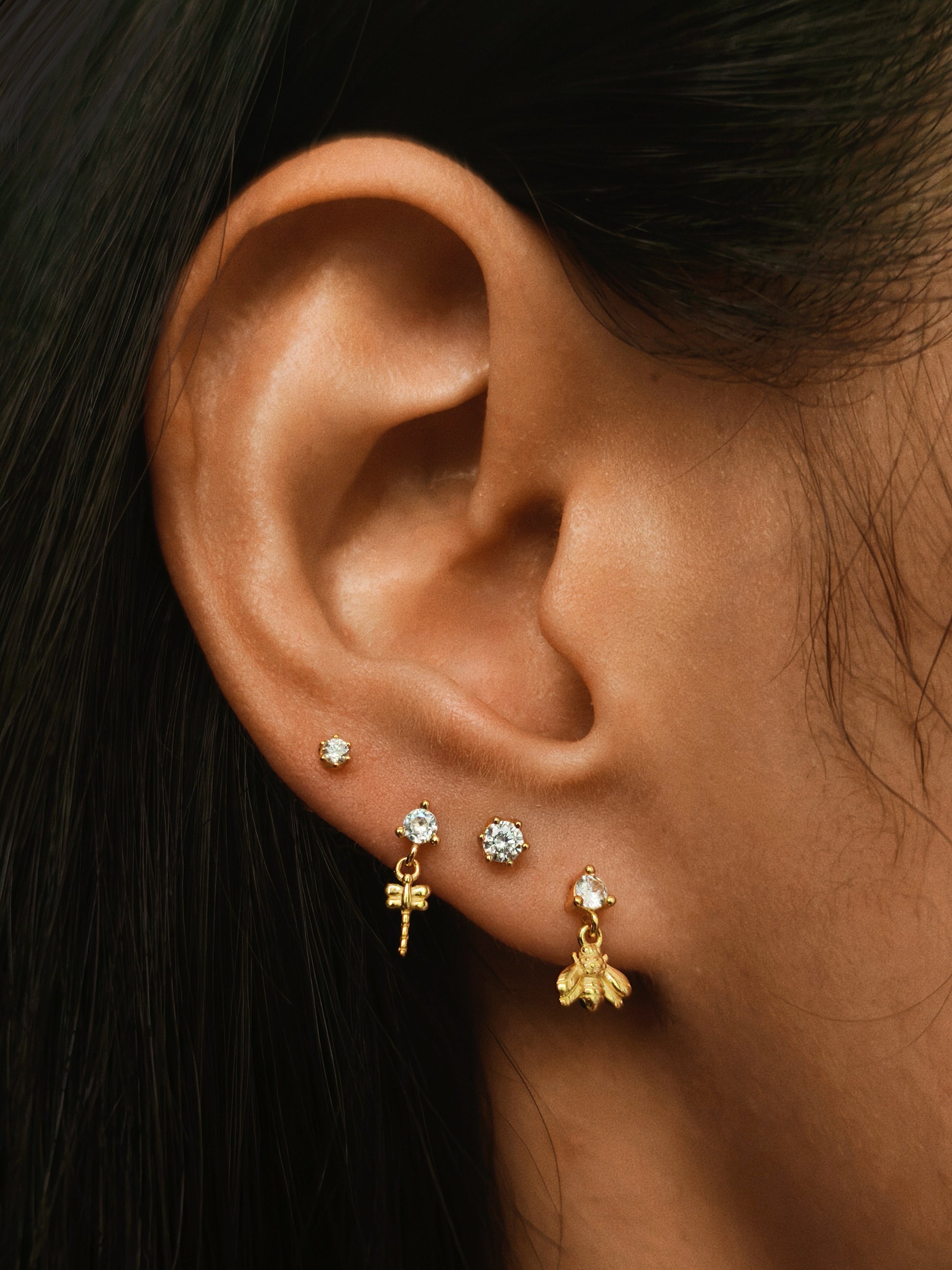Gold-plated 925 sterling silver Dangle Dragonfly Flatback Earring