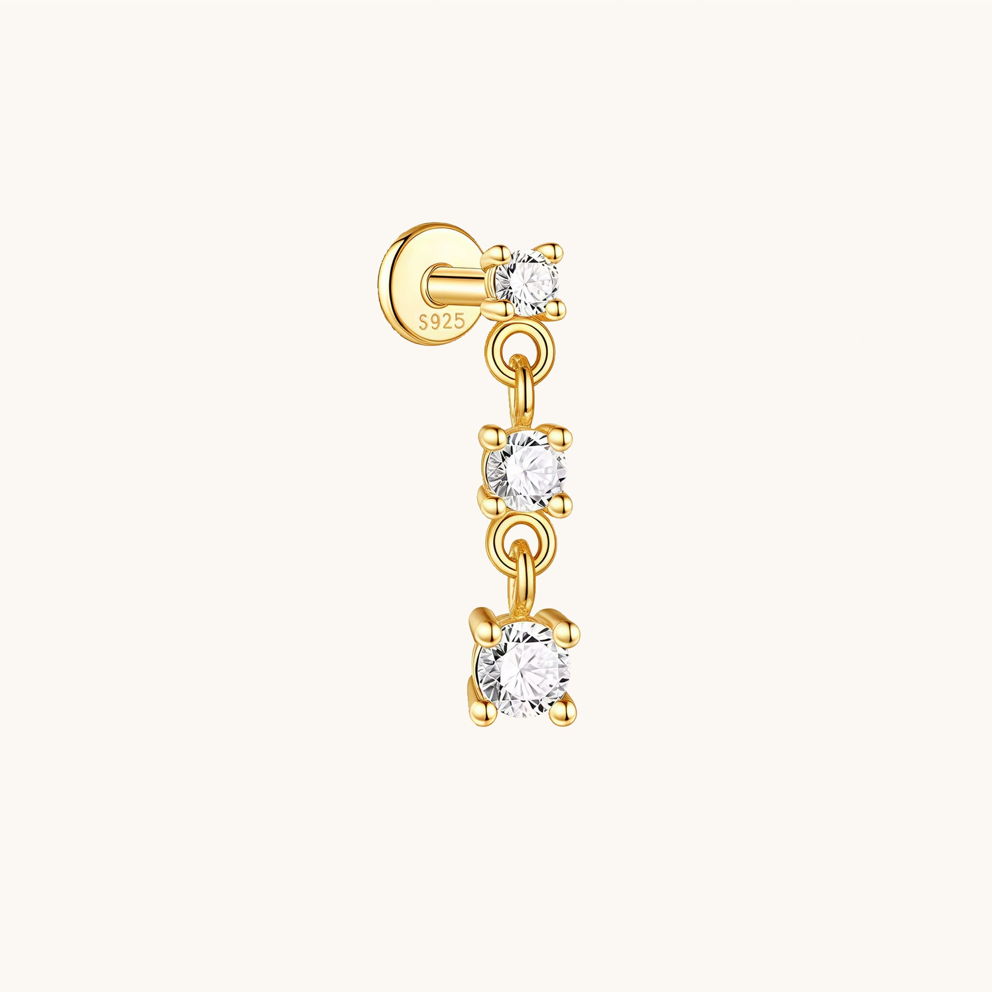 Gold-plated 925 sterling silver Dangle CZ Trio Flatback Earring 8mm