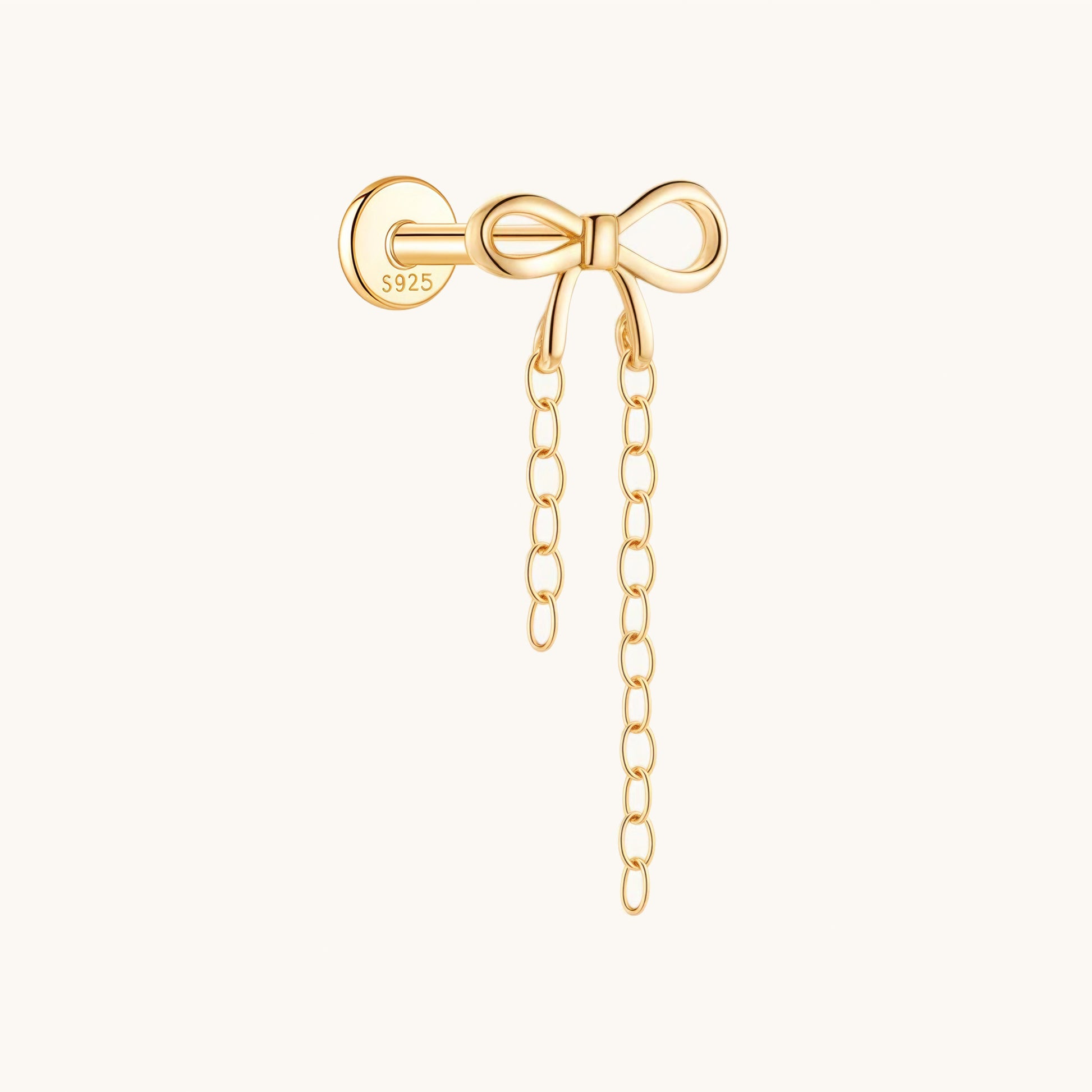Gold-plated 925 sterling silver Dainty Bow Chain Flatback Earring 8mm