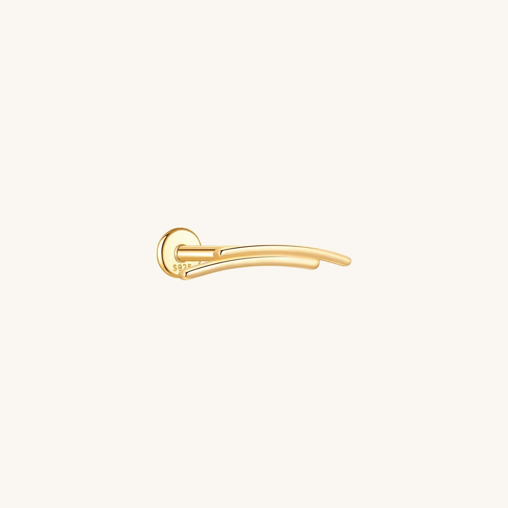 A single minimalist gold crescent moon flatback earring with two thin horizontal bars