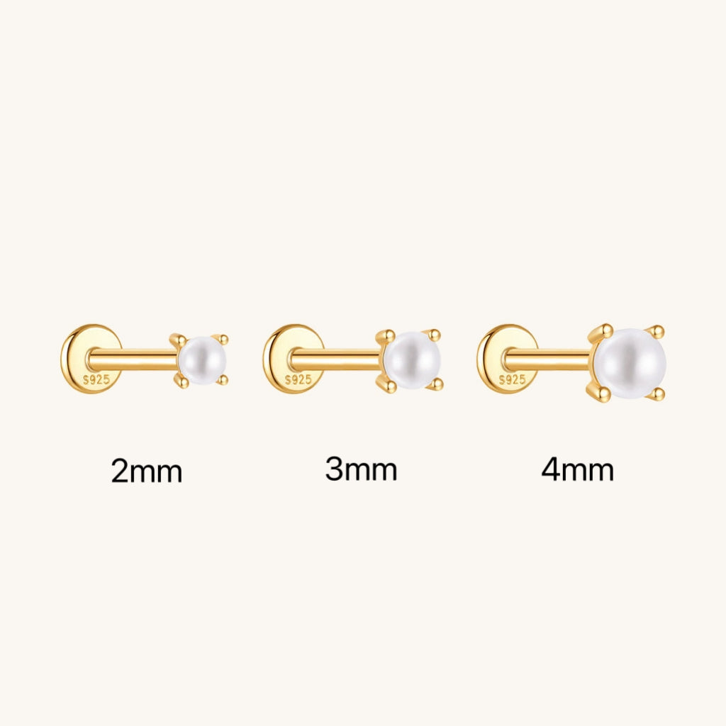 Plain backgroud photo of pearl flatback earrings in three different size: 2mm, 3mm and 4mm.