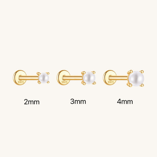 Plain backgroud photo of pearl flatback earrings in three different size: 2mm, 3mm and 4mm.