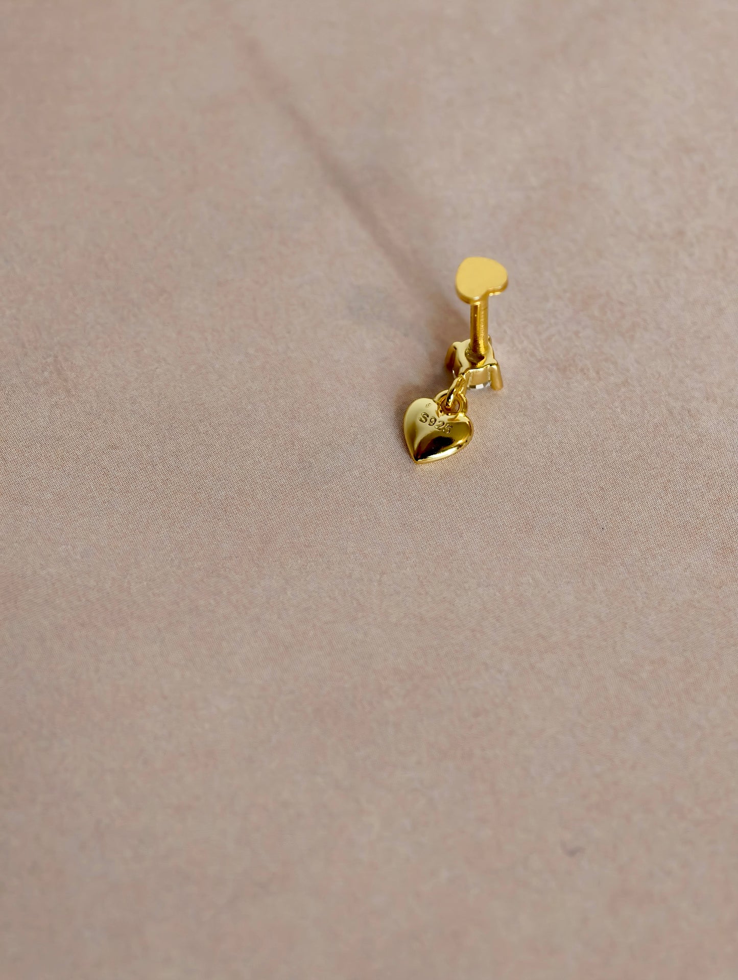 Gold-plated 925 sterling silver CZ Dangle Heart Flatback Earring