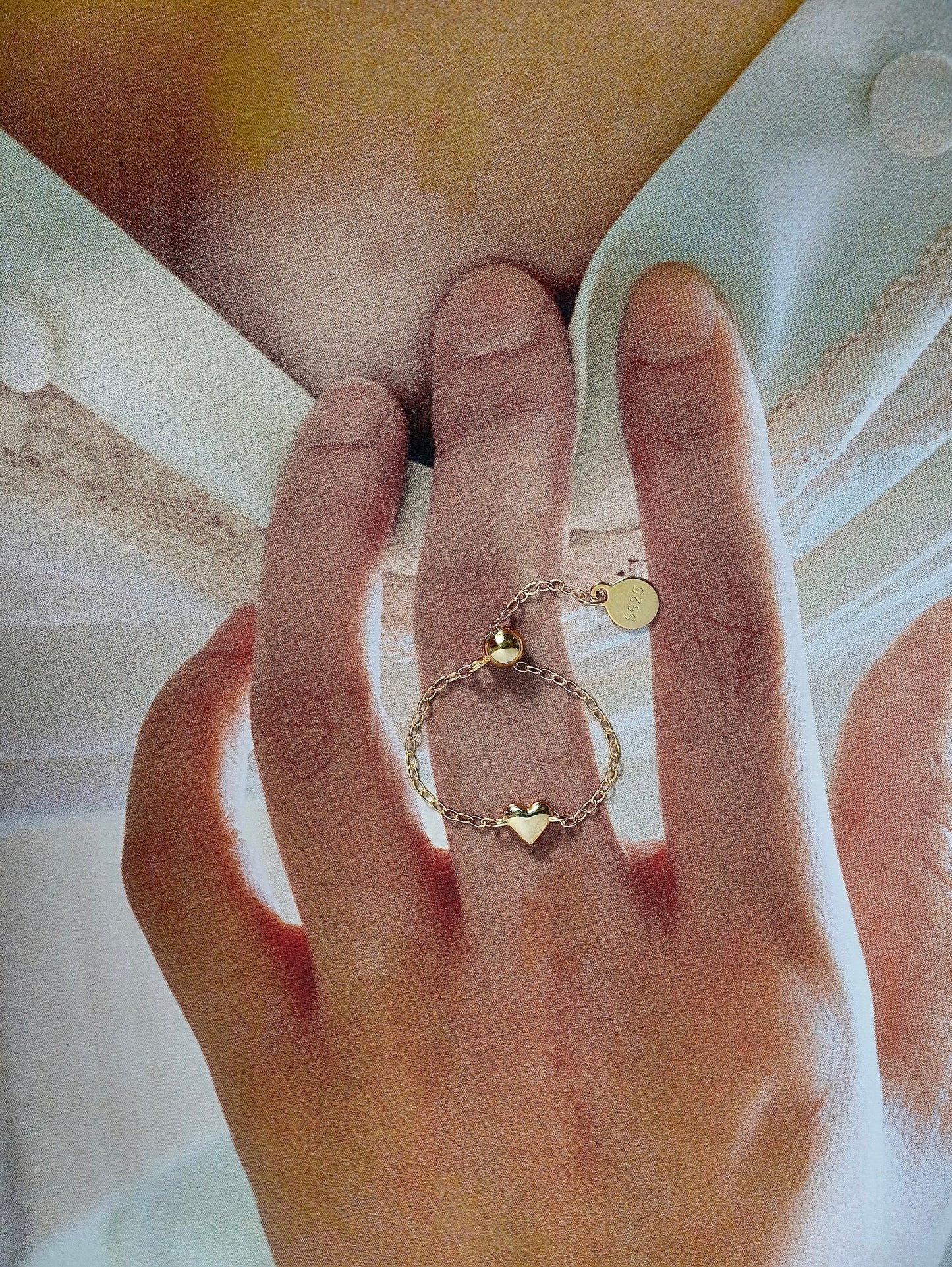 Gold-plated 925 sterling silver Adjustable Heart Chain Ring