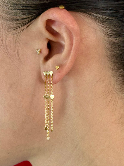 Gold-plated 925 sterling silver Tassel Heart Chain Stud Earrings