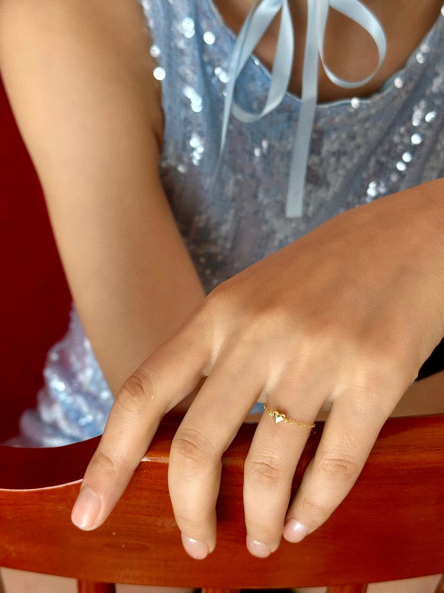 Gold-plated 925 sterling silver Adjustable Heart Chain Ring