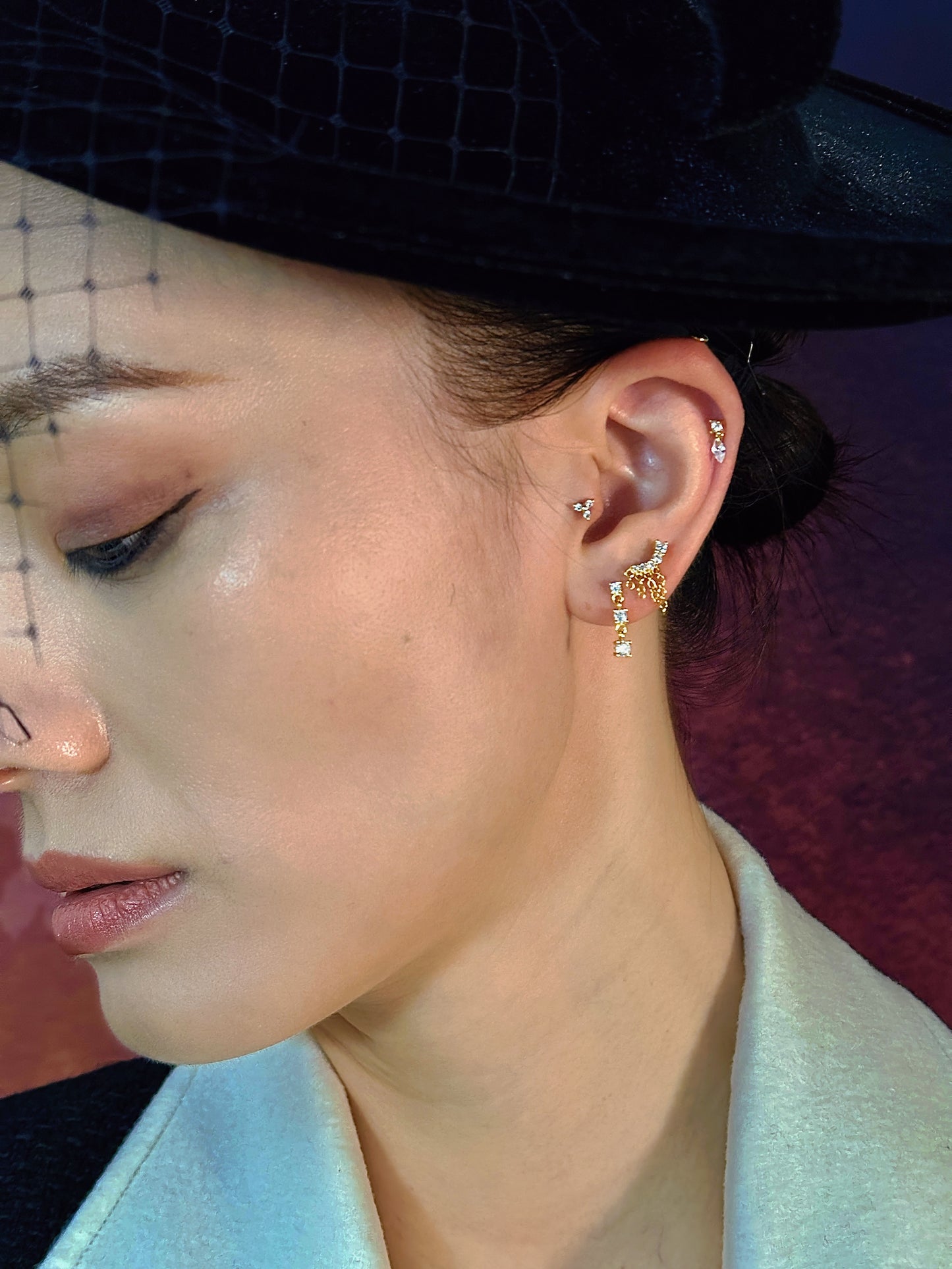 Gold-plated 925 sterling silver Dangle CZ Trio Flatback Earring