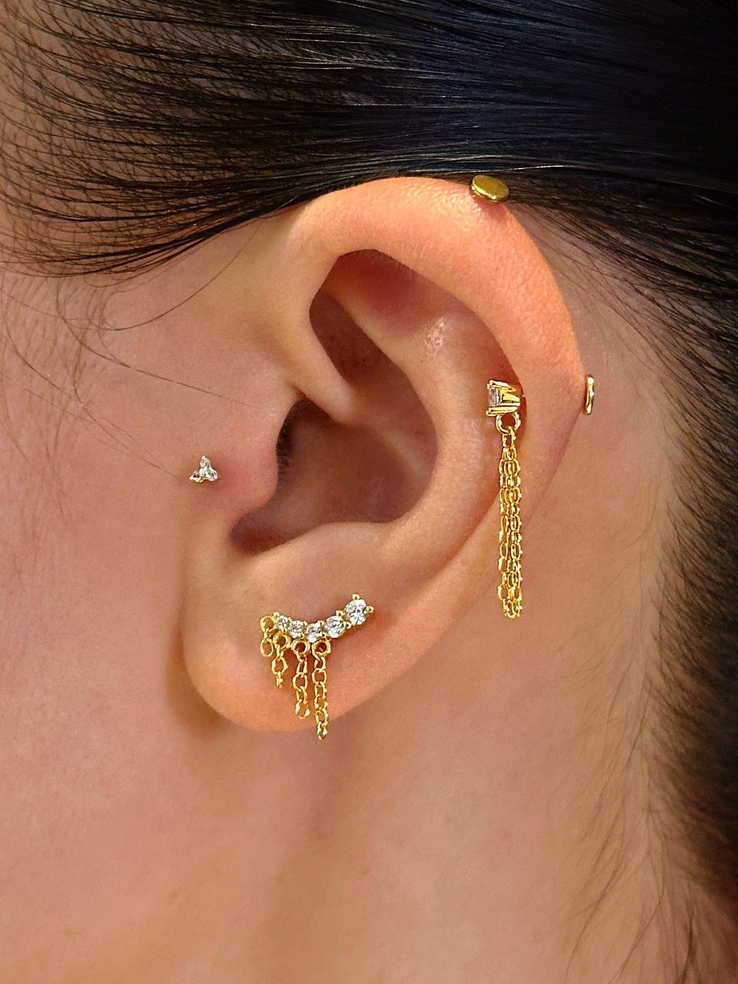 Gold-plated 925 sterling silver CZ Chain Tassel Flat back Earring
