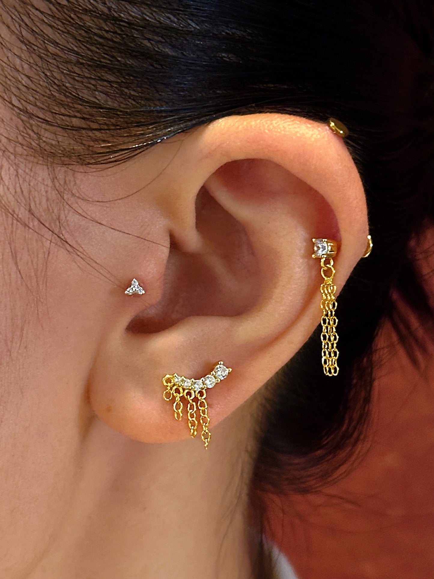 Gold-plated 925 sterling silver CZ Chain Tassel Flat back Earring