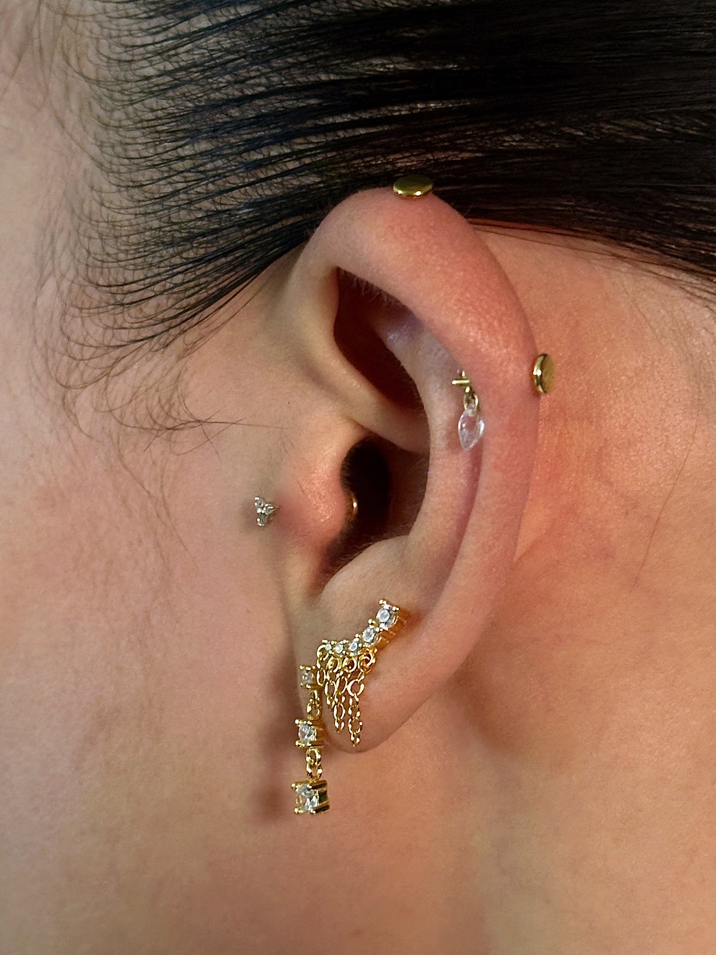 Gold-plated 925 sterling silver Dangle CZ Trio Flatback Earring