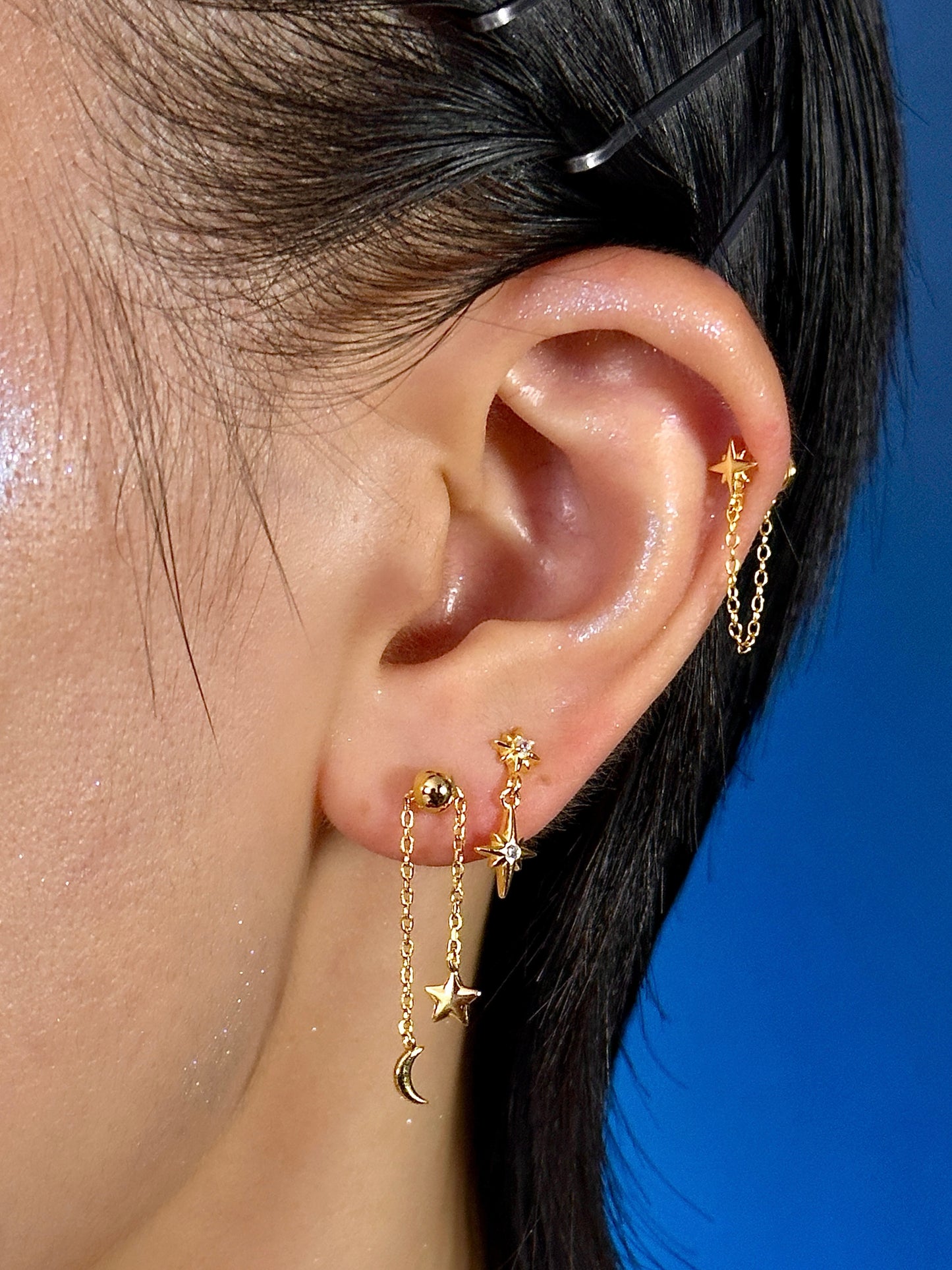 Gold-plated 925 sterling silver Star Chain Flatback Earring