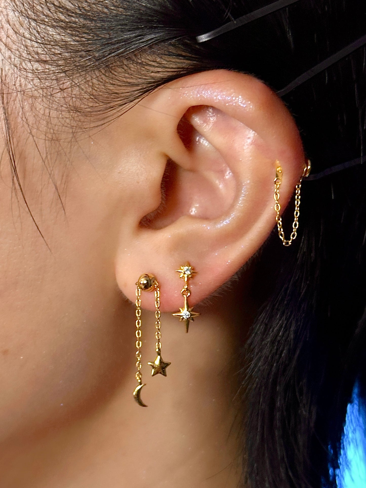 Gold-plated 925 sterling silver Star Chain Flatback Earring