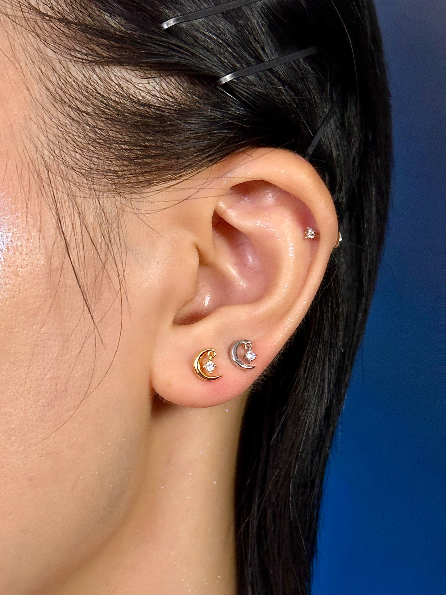Gold-plated 925 sterling silver Moon Dangle Star Flatback Earring