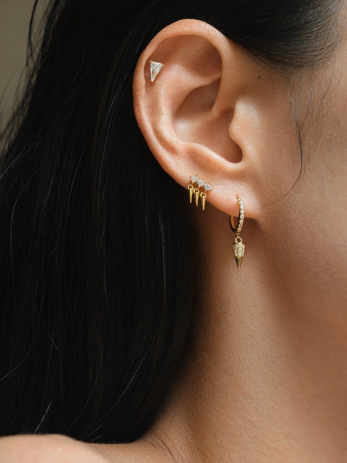 Gold-plated 925 sterling silver Triple Spike CZ Flatback Earring