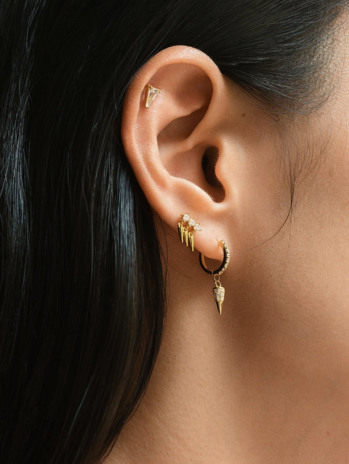 Gold-plated 925 sterling silver Triple Spike CZ Flatback Earring