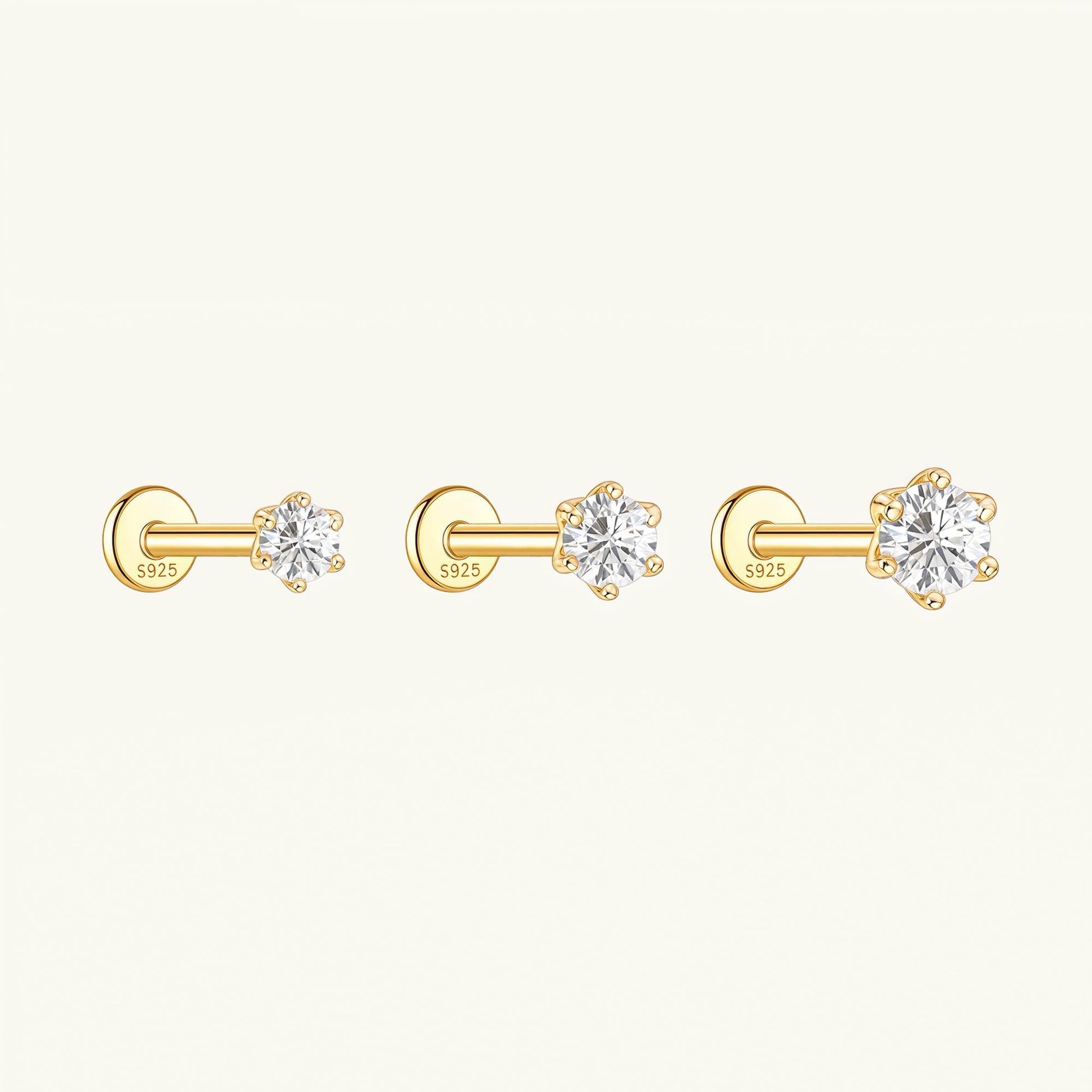 Gold-plated 925 sterling silver Six-Prong Zirconia Flatback Earring Gold