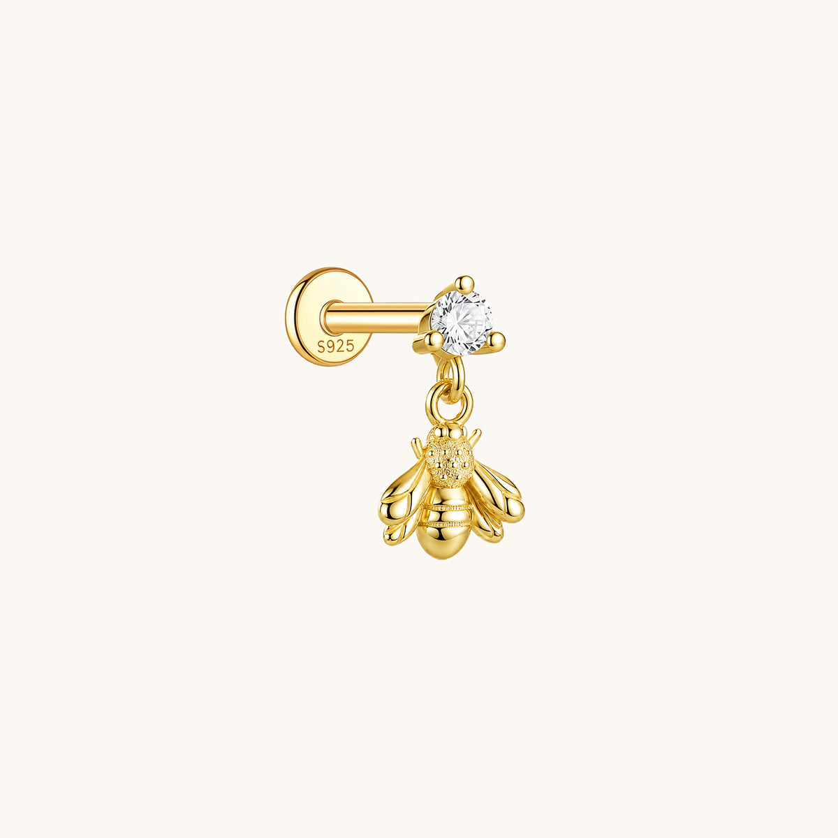 Gold-plated 925 sterling silver Dangle Honeybee Flatback Earring 8mm