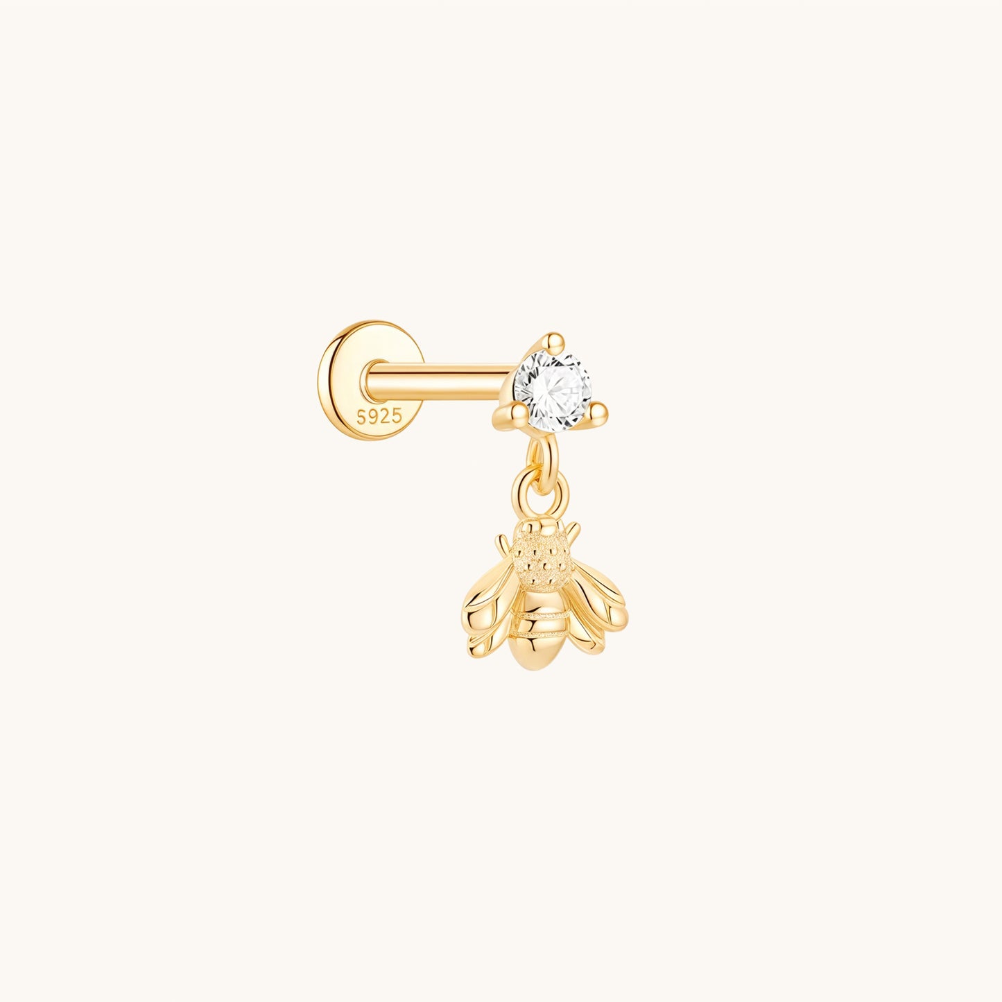 Gold-plated 925 sterling silver Dangle Honeybee Flatback Earring 8mm