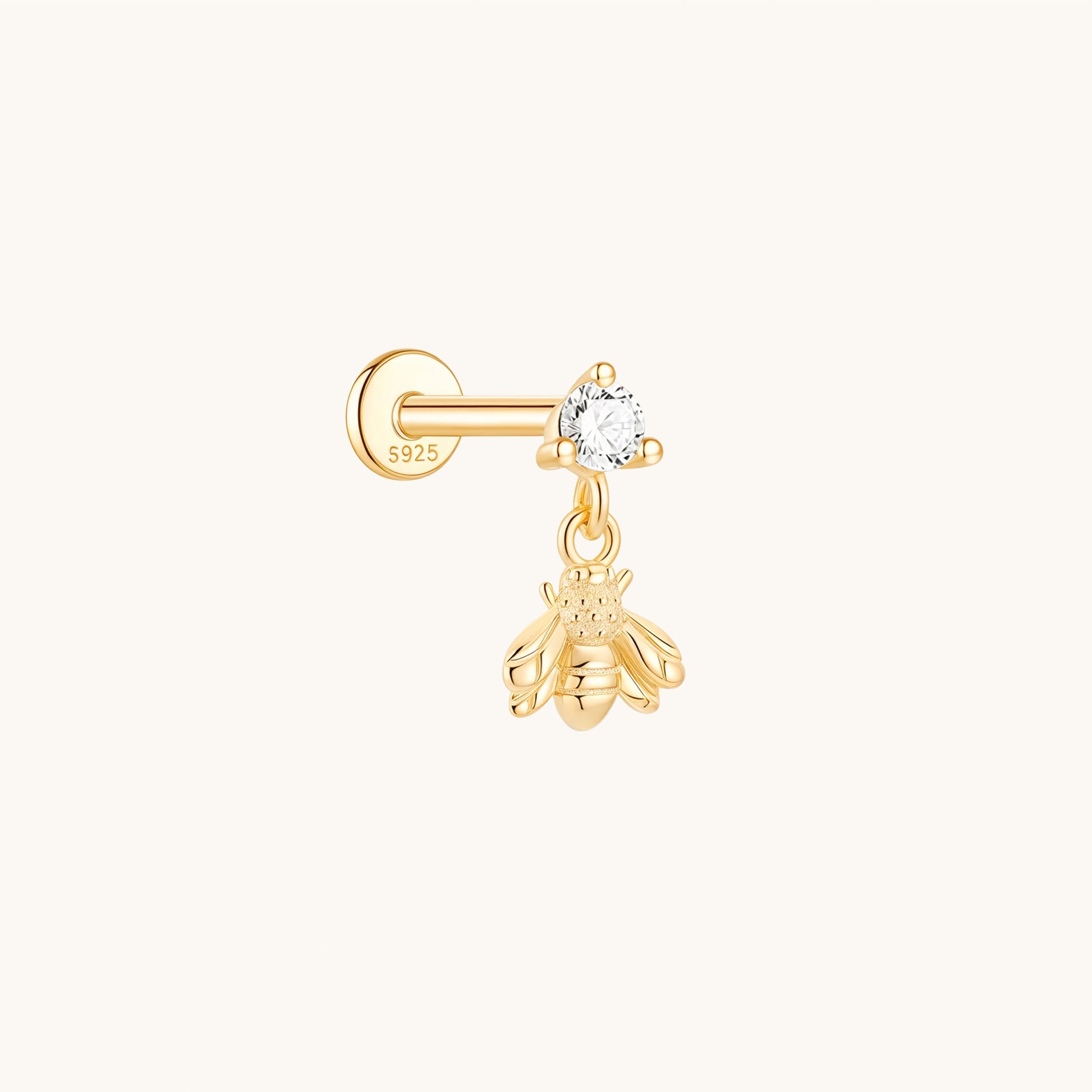 Gold-plated 925 sterling silver Dangle Honeybee Flatback Earring 8mm