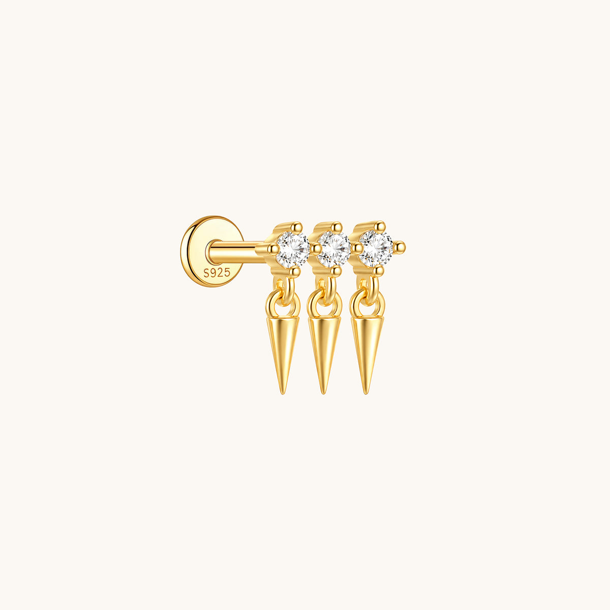 Gold-plated 925 sterling silver Triple Spike CZ Flatback Earring Gold
