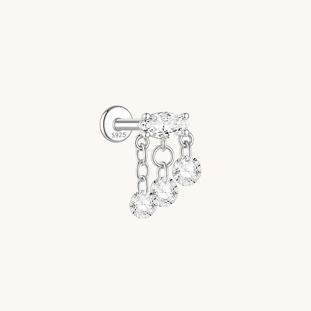 Gold-plated 925 sterling silver CZ Tassel Chain Flatback Earring Silver