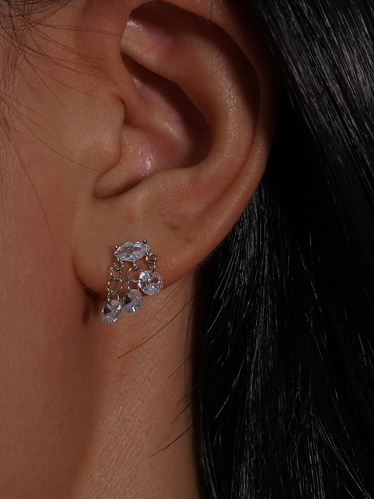Gold-plated 925 sterling silver CZ Tassel Chain Flatback Earring