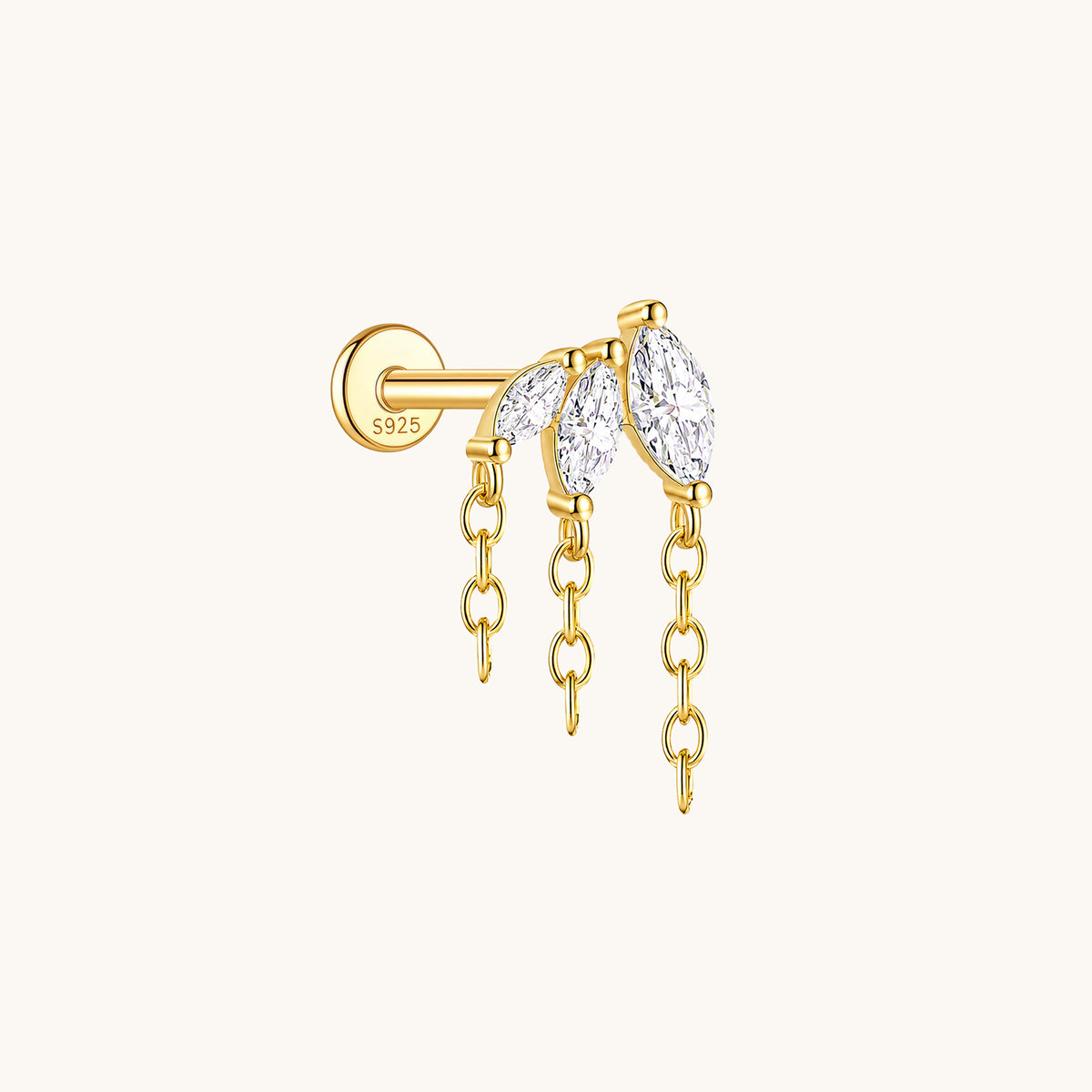 Gold-plated 925 sterling silver Marquise CZ Tassel Flatback Earring Gold
