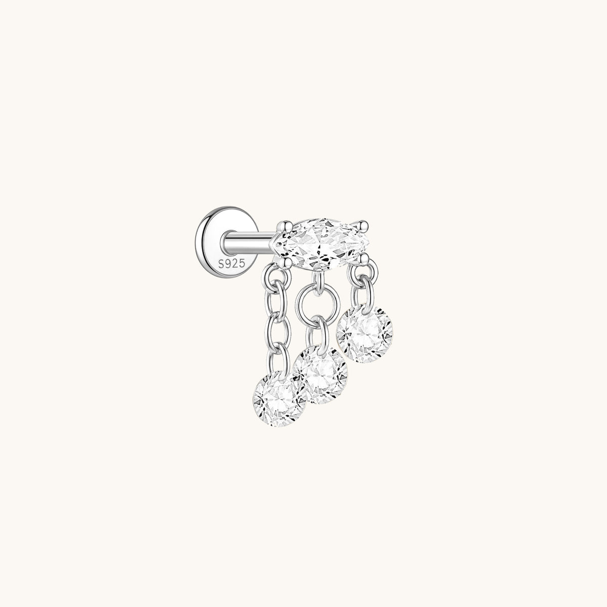 Gold-plated 925 sterling silver CZ Tassel Chain Flatback Earring Silver