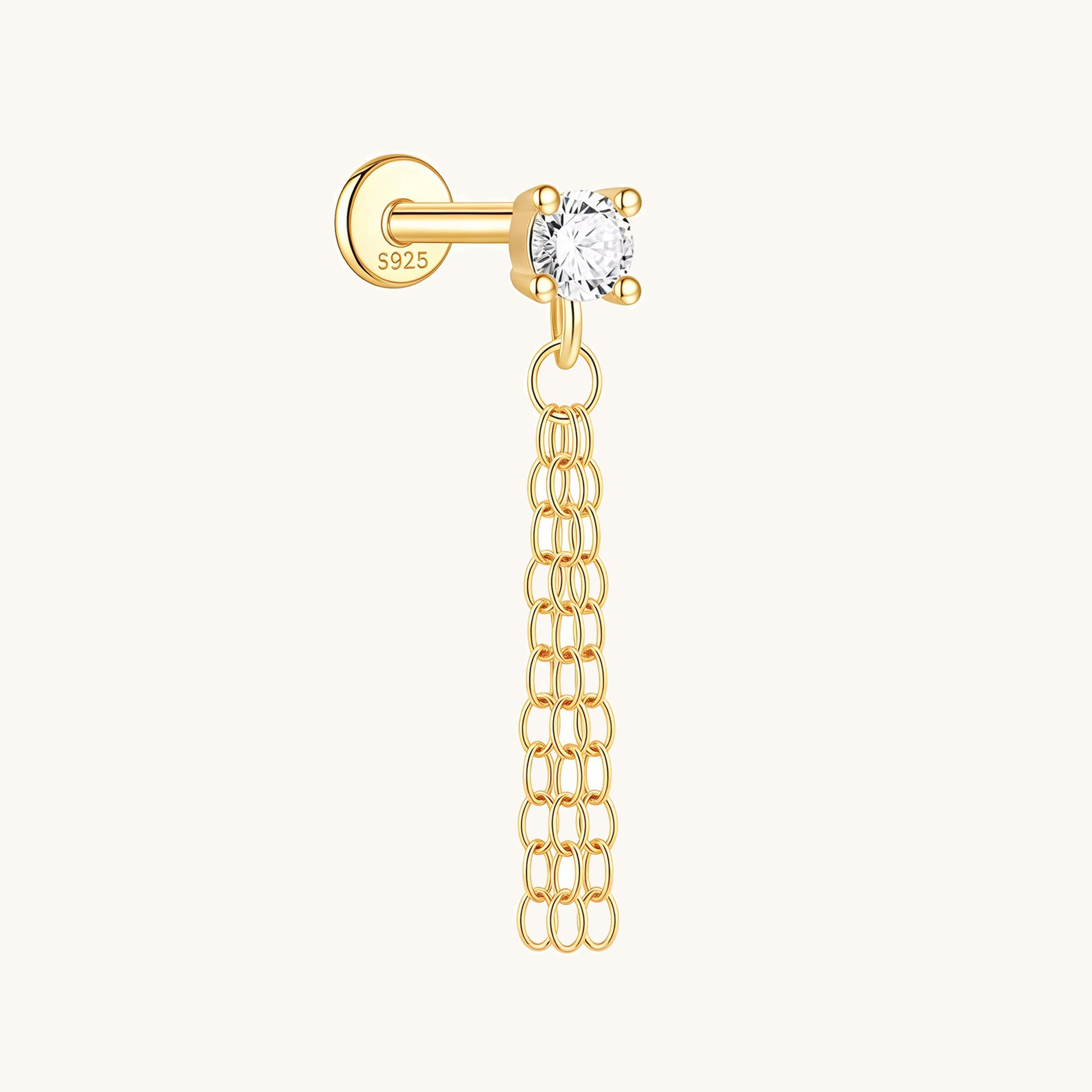 Gold-plated 925 sterling silver CZ Chain Tassel Flat back Earring 8mm
