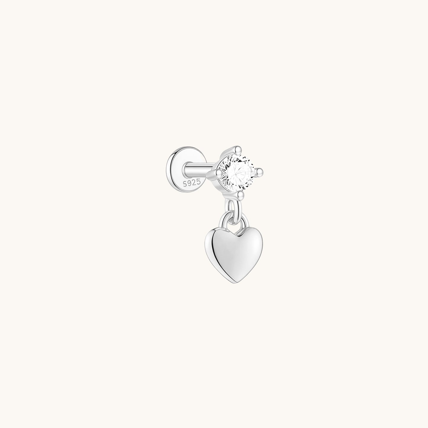 Gold-plated 925 sterling silver CZ Dangle Heart Flatback Earring Silver