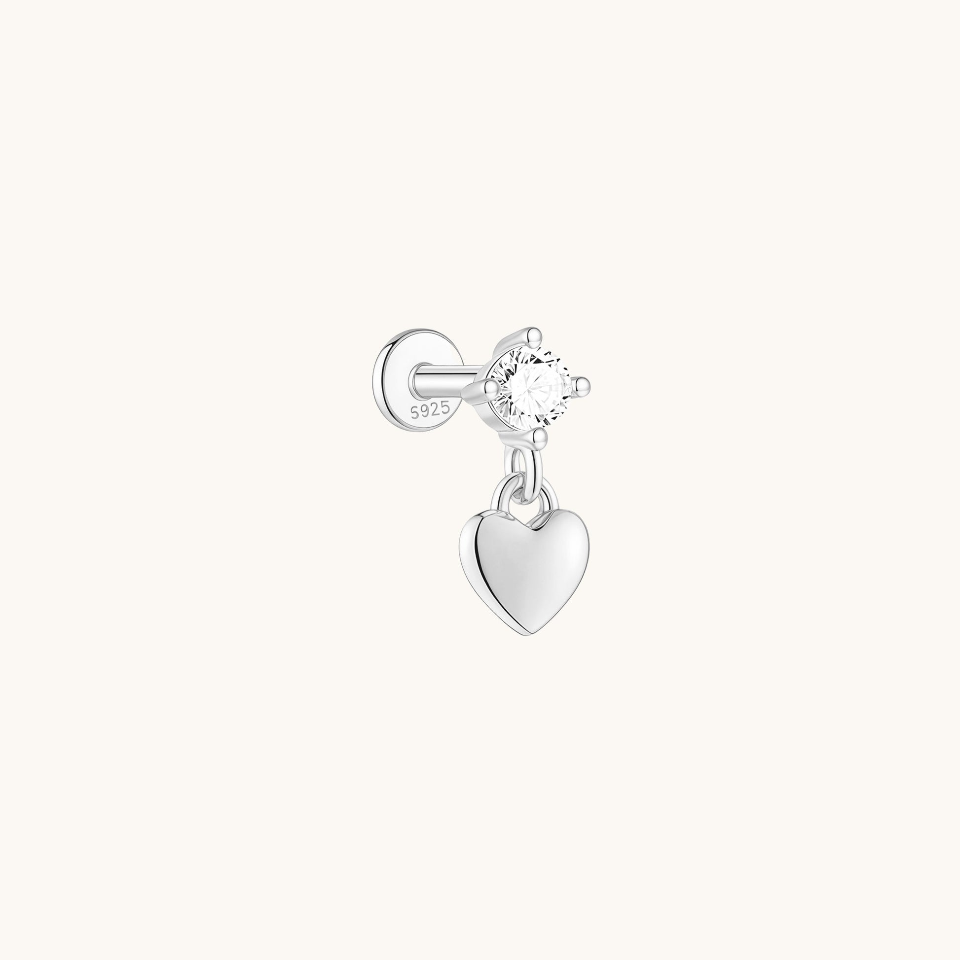 Gold-plated 925 sterling silver CZ Dangle Heart Flatback Earring Silver
