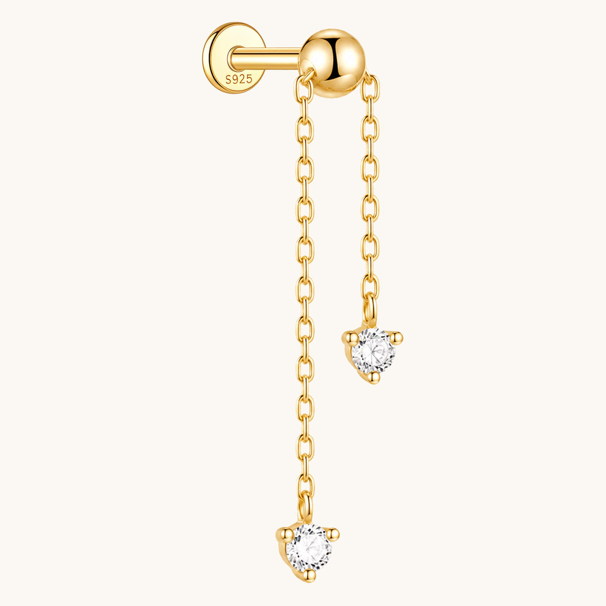 Gold-plated 925 sterling silver Ball CZ Dangle Flatback Earring 8mm