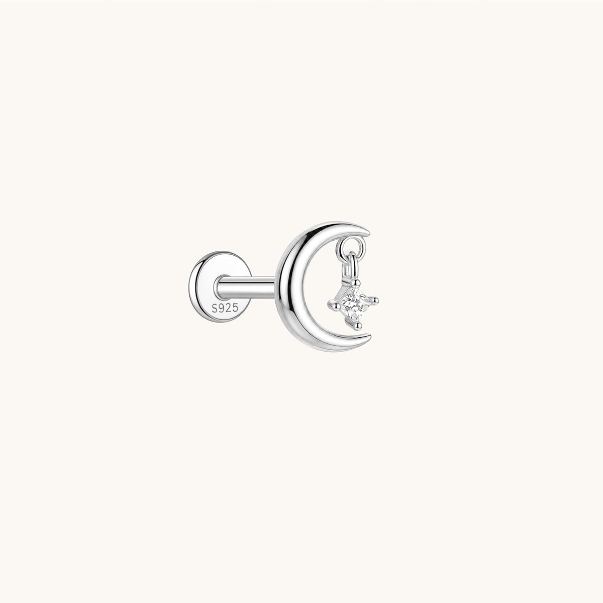 Gold-plated 925 sterling silver Moon Dangle Star Flatback Earring Silver