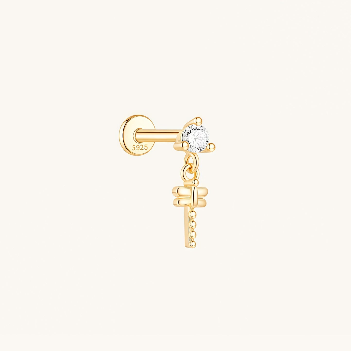 Gold-plated 925 sterling silver Dangle Dragonfly Flatback Earring 8mm
