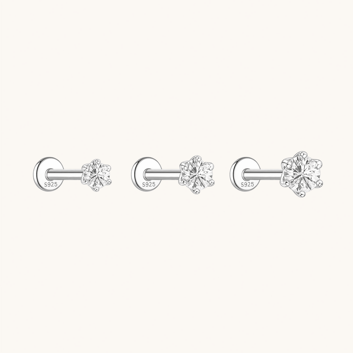 Gold-plated 925 sterling silver Six-Prong Zirconia Flatback Earring Silver