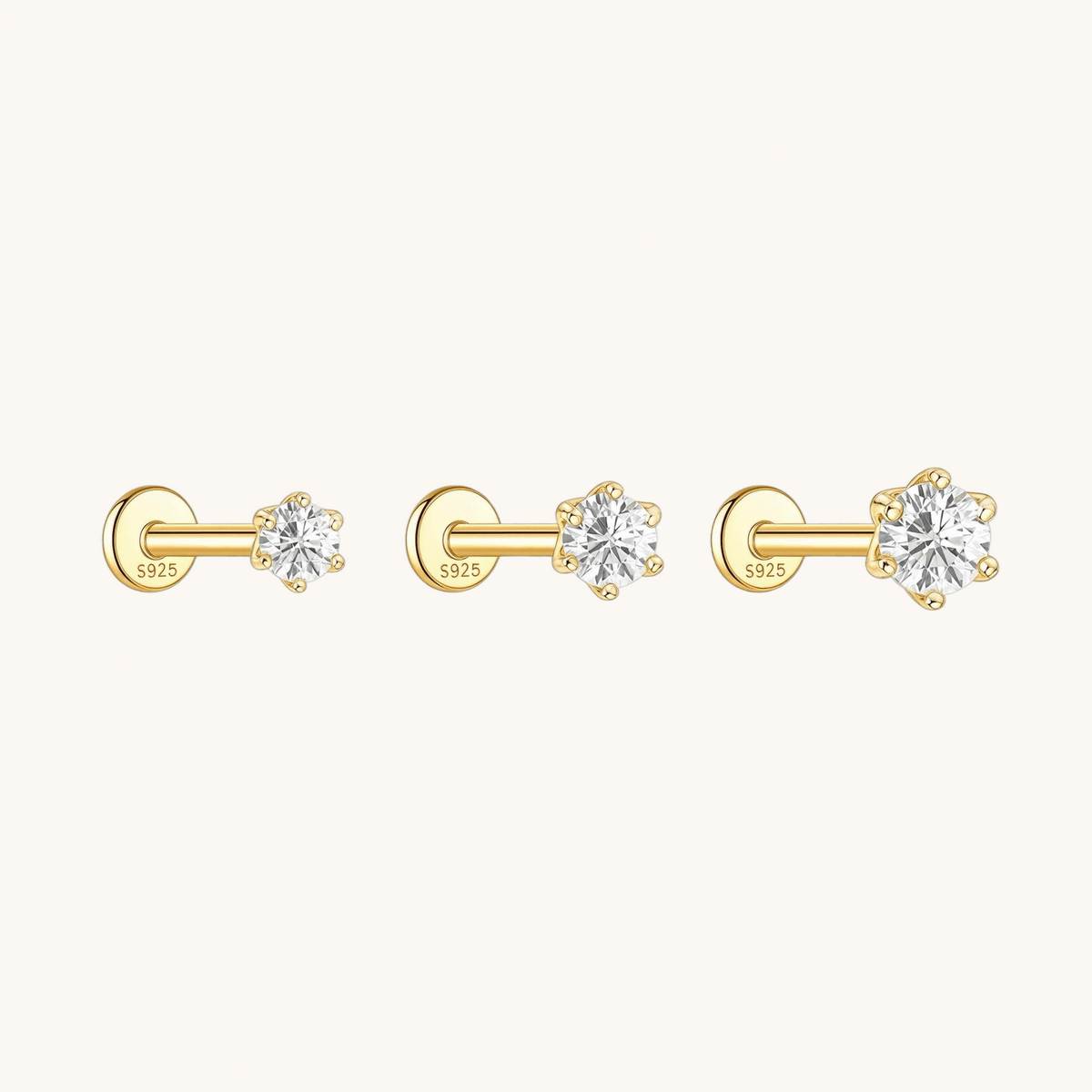 Gold-plated 925 sterling silver Six-Prong Zirconia Flatback Earring Gold